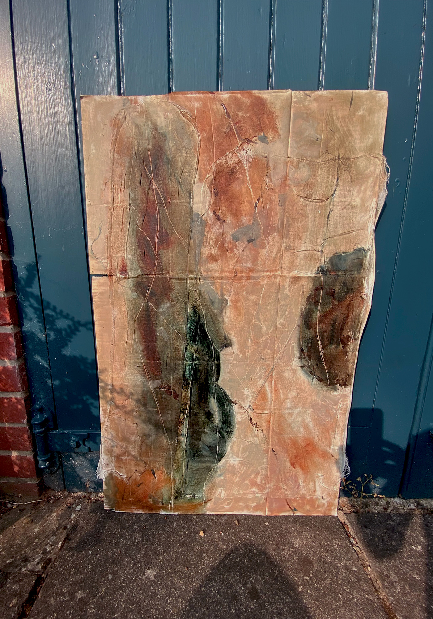 Abstract oil painting on cardboard with muslin using oil